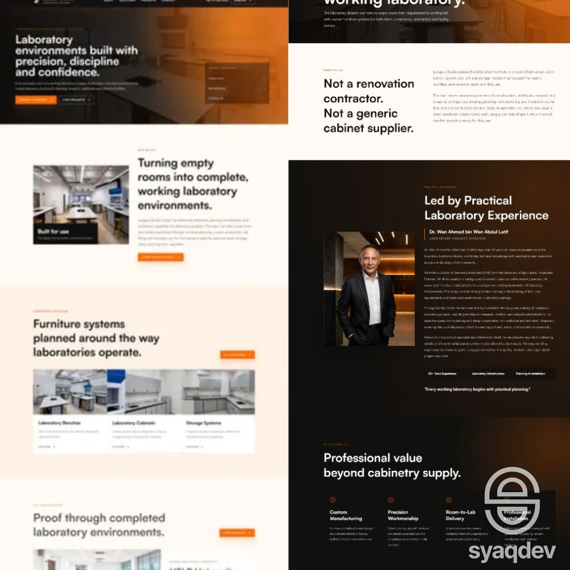 Luzaguy Studio website design showing laboratory planning, cabinetry and project expertise