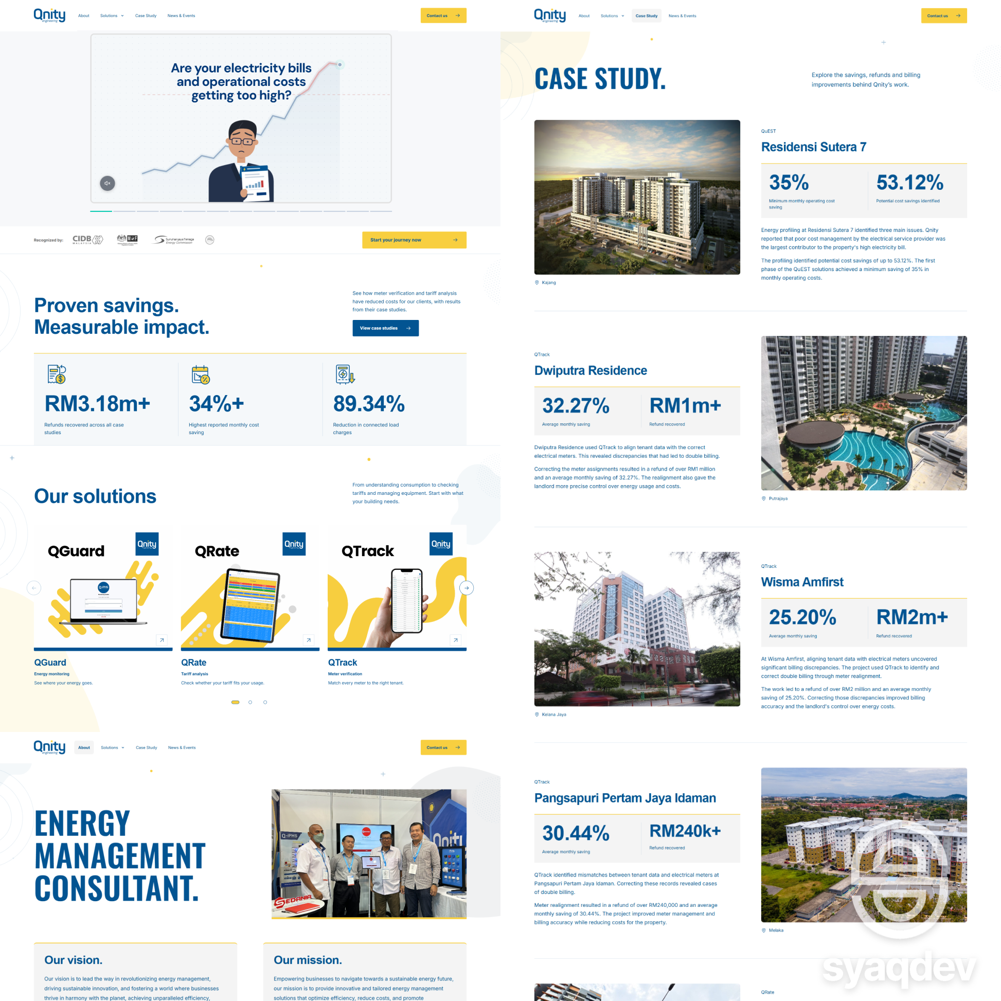 Qnity Engineering website UI and UX design showing energy savings, solutions and case studies