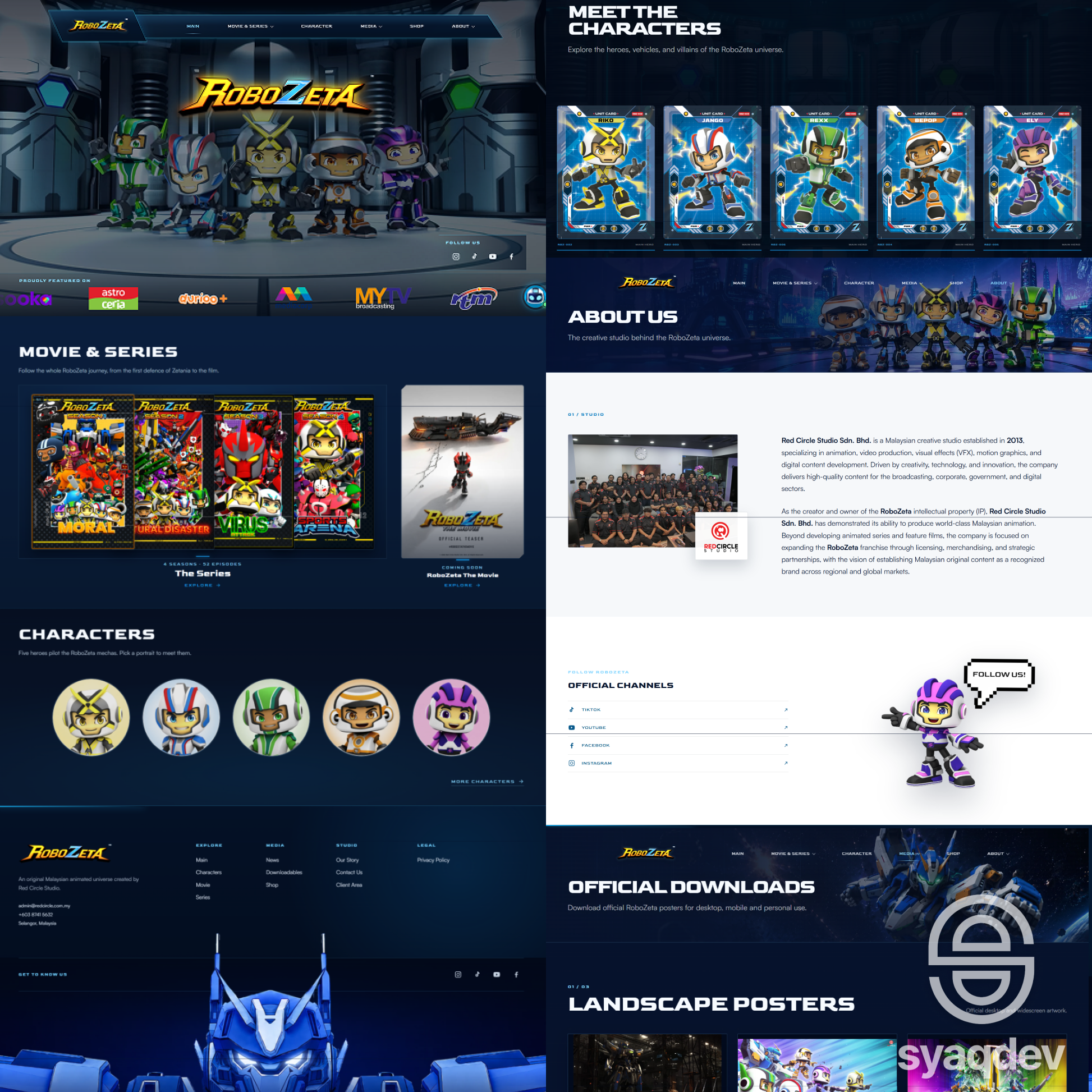 RoboZeta website design featuring its characters, movies, series and studio story