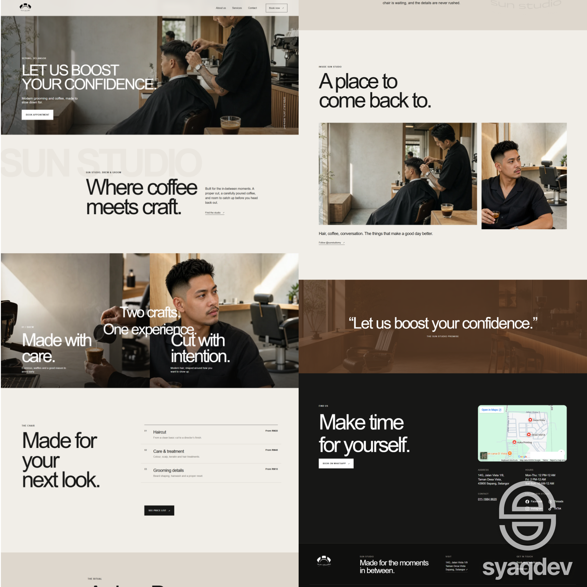 Sun Studio website design showing barbershop, coffee and grooming services